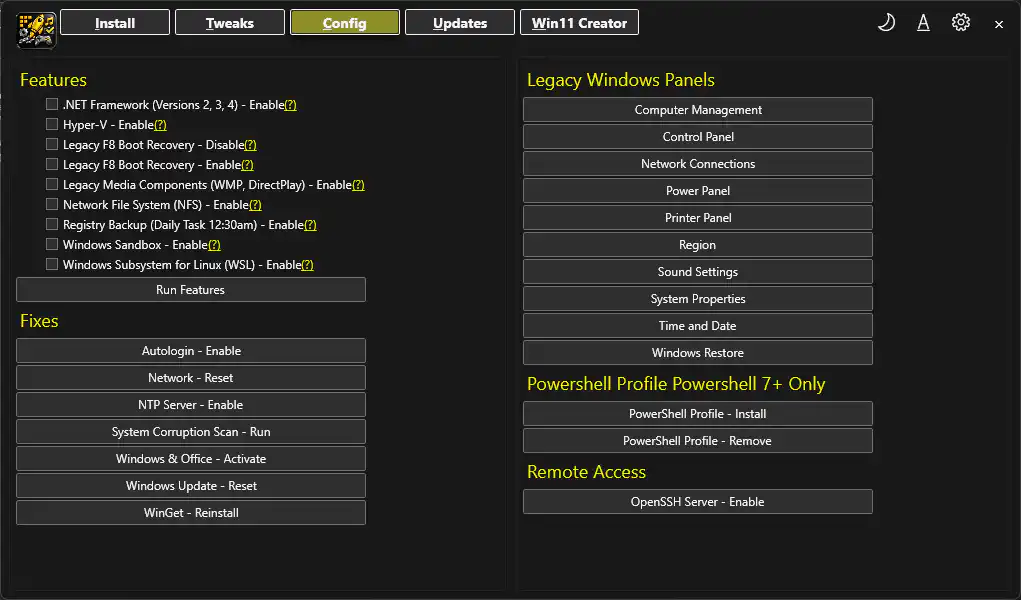 Config tab with features and fixes
