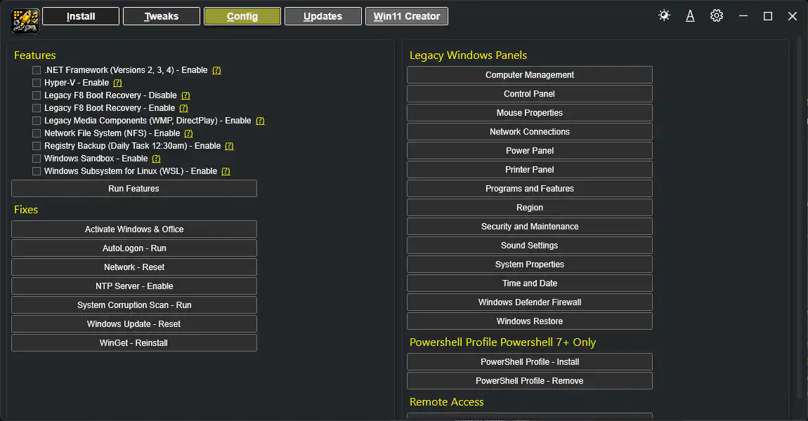 Config tab with features and fixes