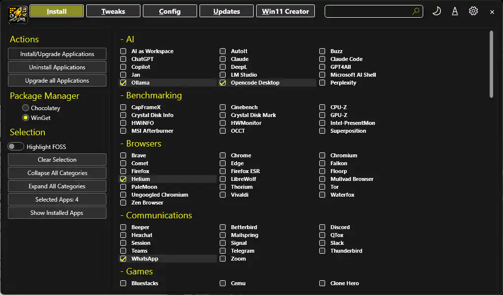 Install or upgrade selected applications