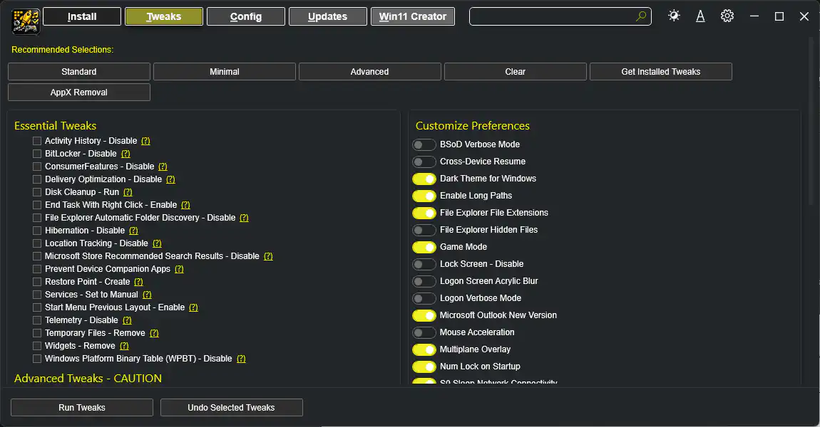 Image of Tweaks Tab