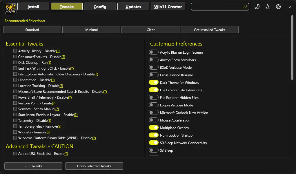 Image of Tweaks Tab