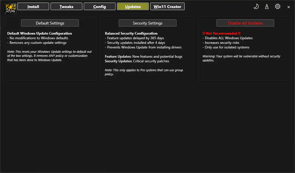 Updates tab in Software Essentials